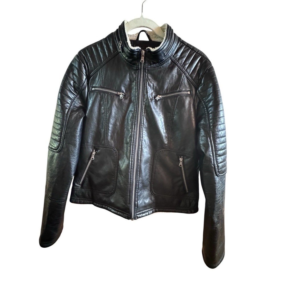 Chaps Ralph Lauren Black Faux Leather Woman's Large Motorcycle Jacket Zip Pocket